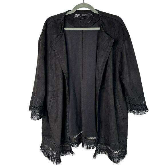 NEW! Zara XL Oversized Bohemian Fringe Faux Suede Kimono Jacket Black 14 16 18 - Picture 2 of 10